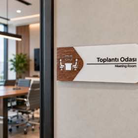Toplantı Odası Kapı Tabelası – Çift Katmanlı MDF Ofis İsimliği ve Yönlendirme Levhası (19x7 cm)